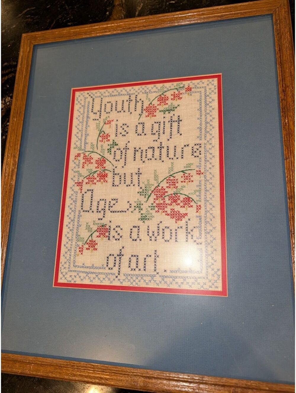 Framed Vintage Cross Stitch Wall Art - 'Youth is a gift of nature but Age is a w